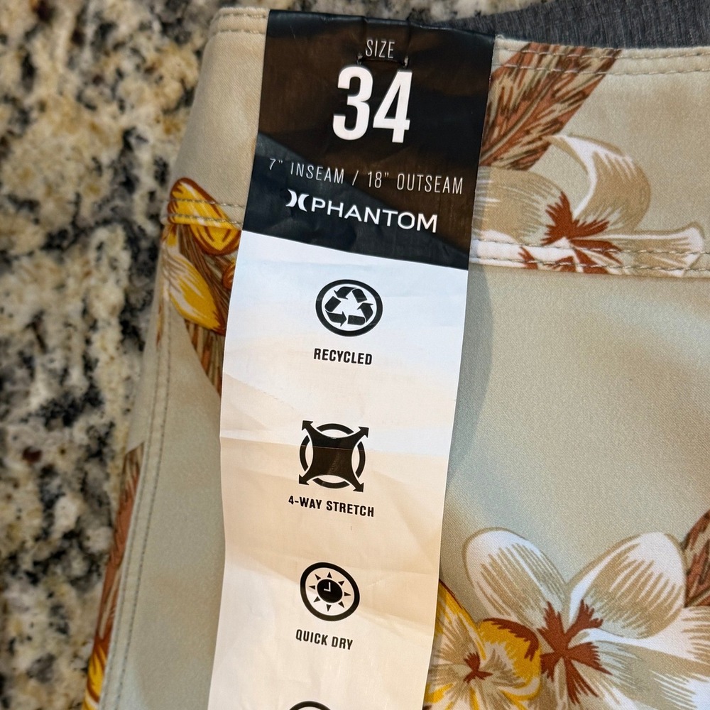 Hurley Phantom Mens Board Shorts Size 34 Floral Tan Pink Stripe Swim Trunks NEW - Picture 4 of 4